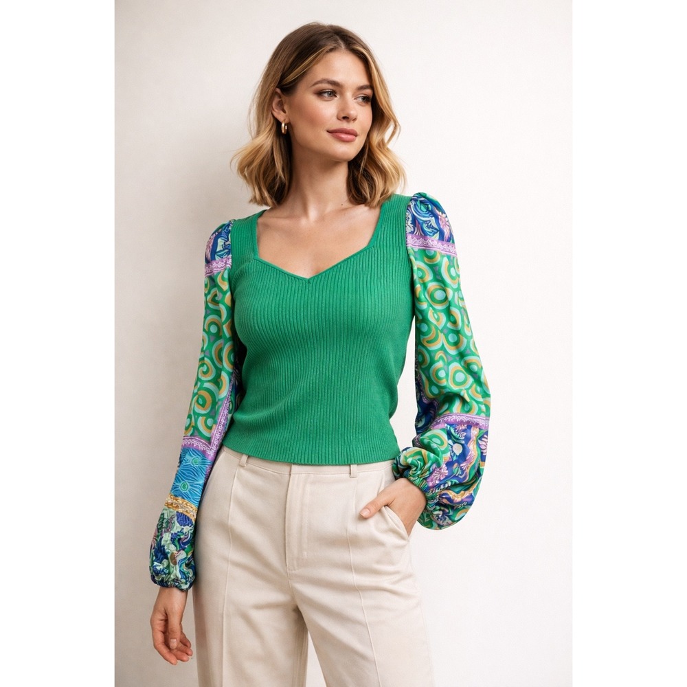 Bailey 44 Kelly Green Ribbed Knit Top Satin Statement Sleeve Retro Mod Medium‎